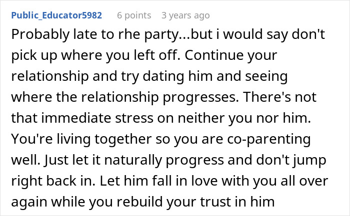 A comment about a pregnant woman asking for divorce, suggesting not to pick up where they left off. A comment about a pregnant woman asking for divorce, suggesting not to pick up where they left off.