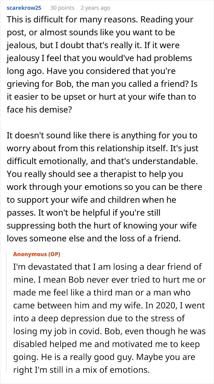 A screenshot showing a discussion about a husband's accident and an ex-wife's continued support.