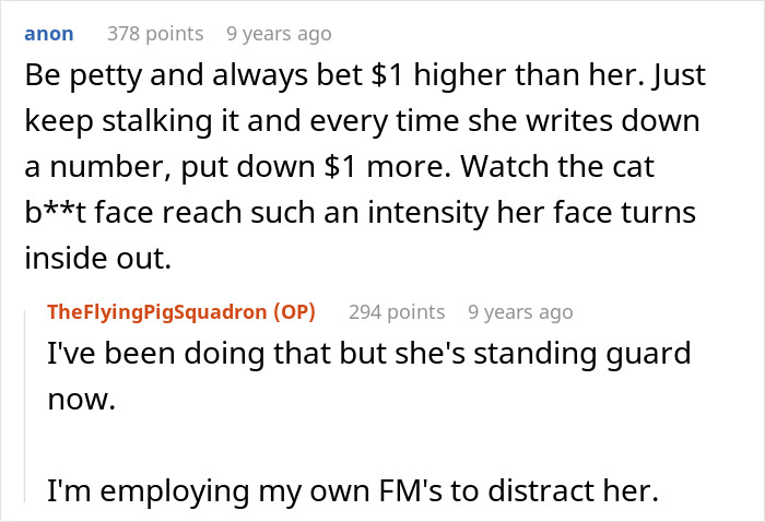 A screenshot showing a comment suggesting to outbid a woman's drunken tantrum over a honeymoon trip.