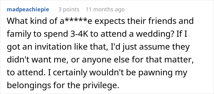 Comment on high costs of attending destination weddings and financial sacrifice