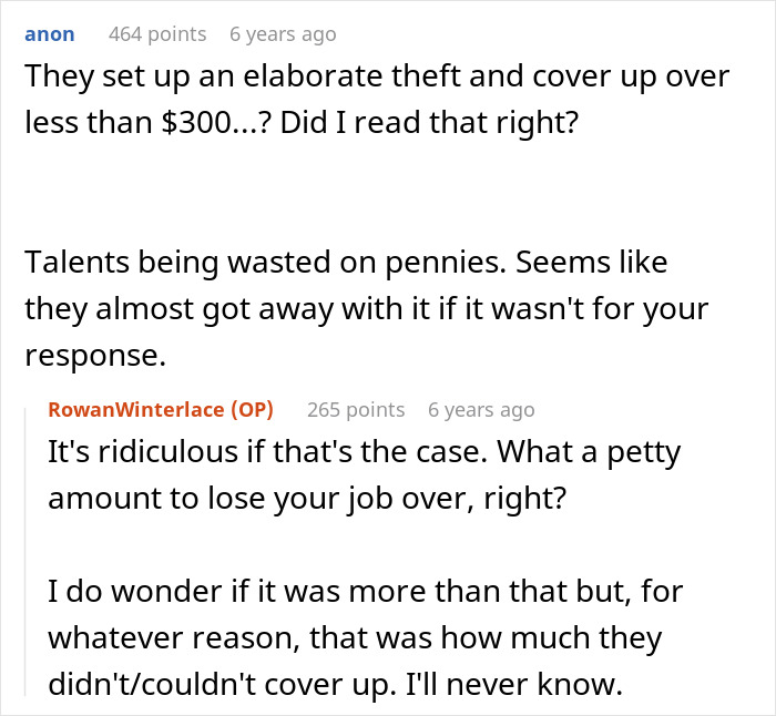 Comments discussing the elaborate theft and cover-up in the story of a guy's revenge after being fired.