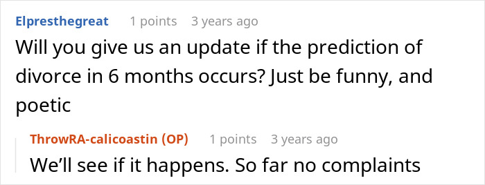 Reddit comment asking for relationship update and divorce prediction Reddit comment asking for relationship update and divorce prediction