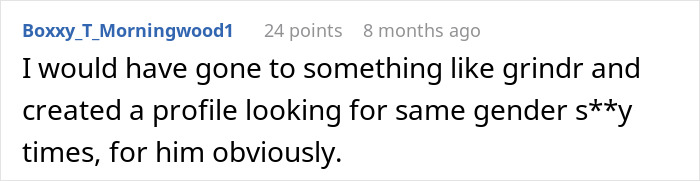 Screenshot of a comment suggesting using Grindr to embarrass woman's ex.