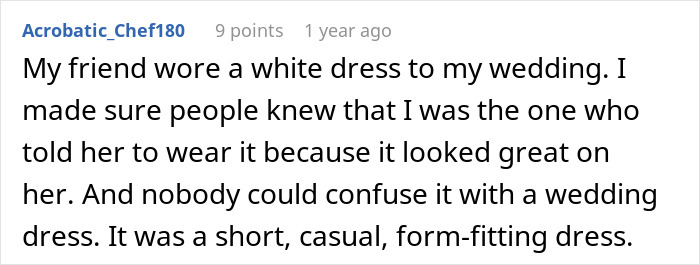 A screenshot showing comments about wedding attire mistakes, where a friend wore a white dress to a wedding. A screenshot showing comments about wedding attire mistakes, where a friend wore a white dress to a wedding.