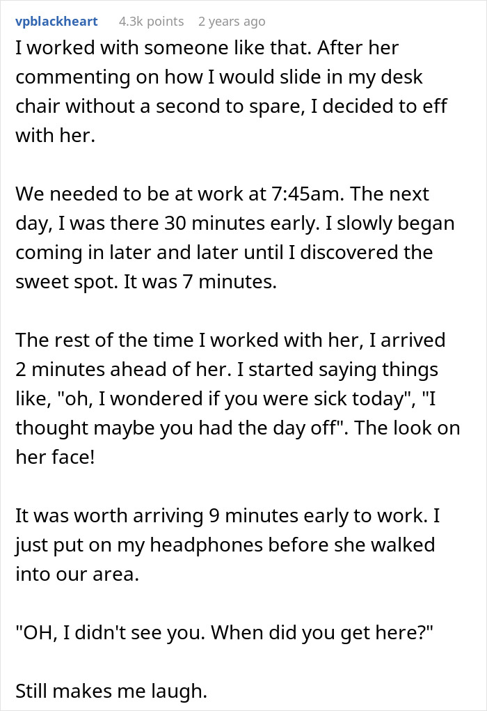 A detailed Reddit comment describing how a coworker dealt with an Ableist Karen by arriving just before her, making her uncomfortable.
