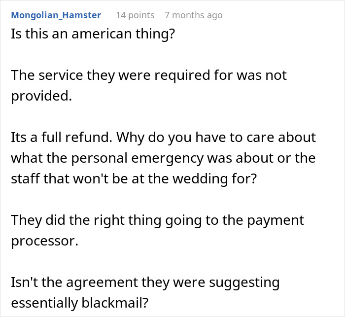 Discussion on wedding refund ethics and coordinator's responsibility after service not provided