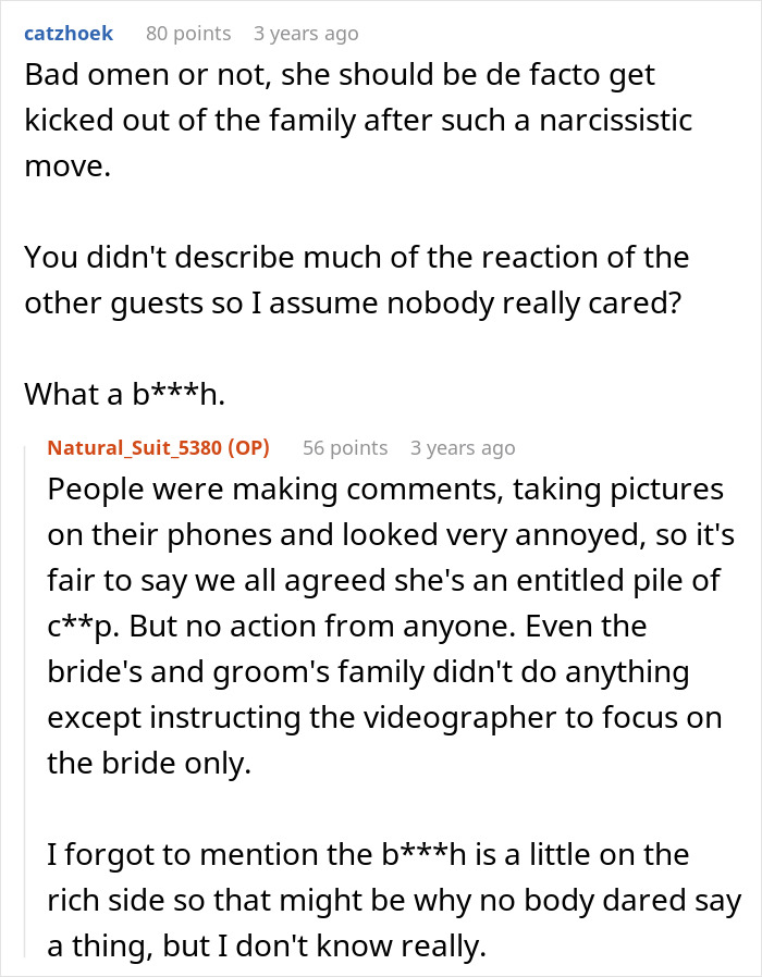 A screenshot of a Reddit comment section discussing a bride's cousin acting like she is the one getting married. A screenshot of a Reddit comment section discussing a bride's cousin acting like she is the one getting married.