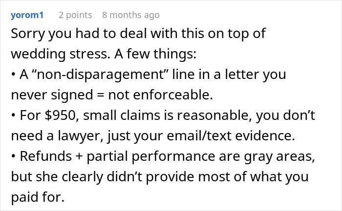 Advice explaining non-disparagement clause and small claims court for wedding coordinator refund dispute