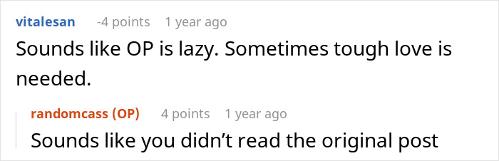 A screenshot of a comment stating that the woman is lazy and needs tough love after refusing to follow one rule.