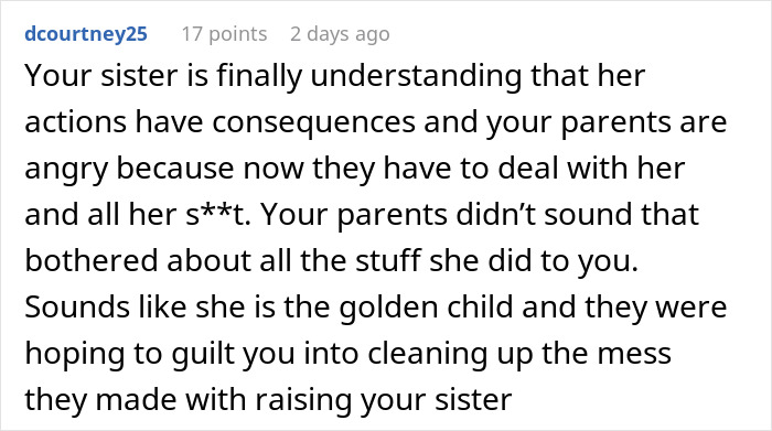Comment explaining sister&rsquo;s actions have consequences and parents&rsquo; anger in family issue
