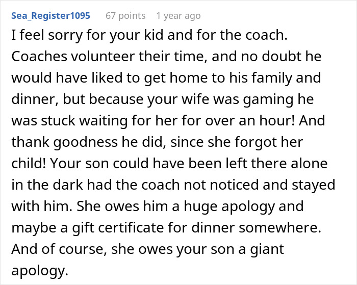 A user expressing sympathy for a child and coach affected by a mother's gaming problem, who forgot her son.