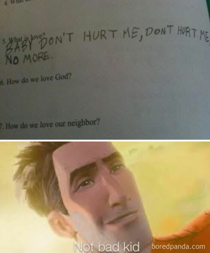 A meme of a child's homework with the song lyrics Baby Don't Hurt Me as comments you can hear.