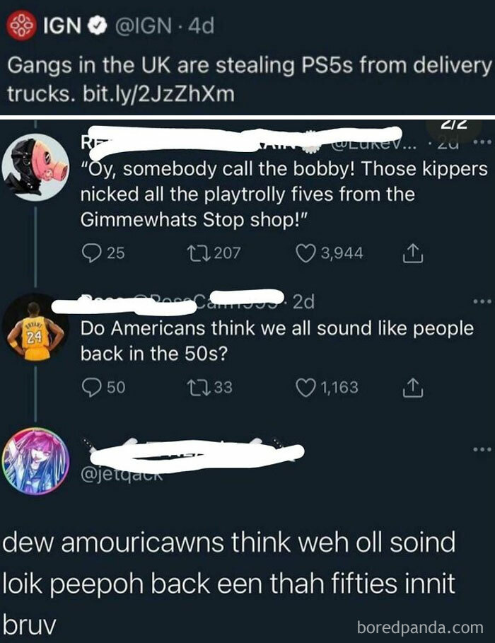 A social media post about PS5 theft, with funny comments you can hear from different accents.