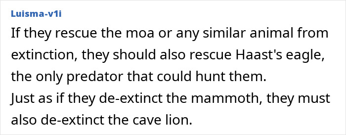 Comment suggesting rescue of predator species alongside extinct animals like moa and mammoth