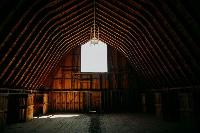The vast, empty interior of an old barn with light streaming from a high window, a place for unsolved mysteries.