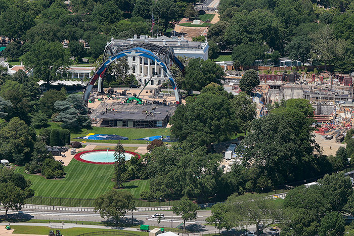 Aerial view of White House lawn stage setup for Freedom 250 concert event