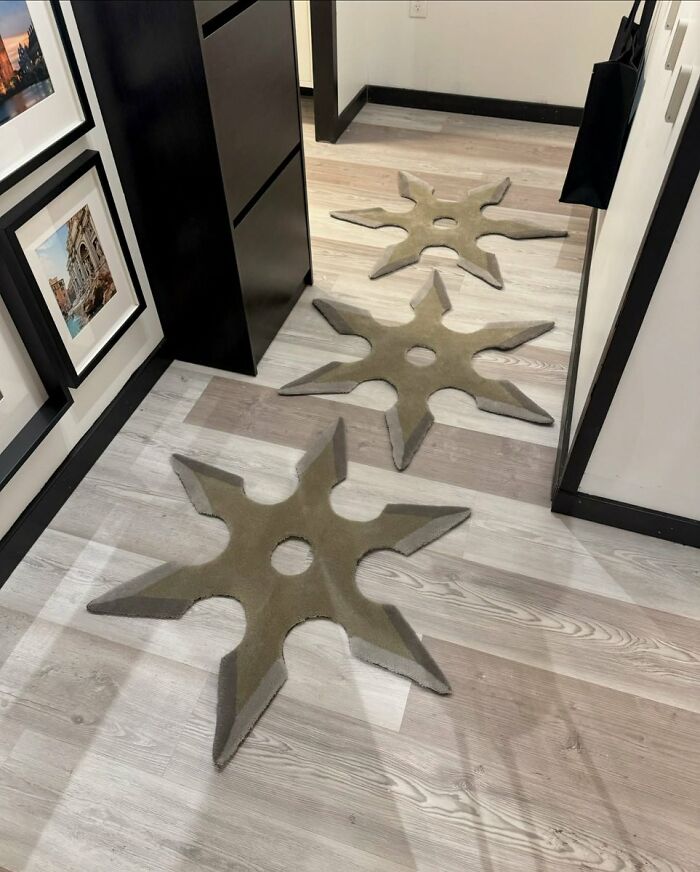 Creative ninja star-shaped rugs on hallway floor in interior design