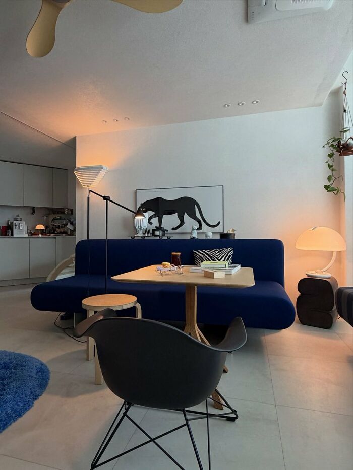 Modern living room with blue sofa and cool interior design ideas