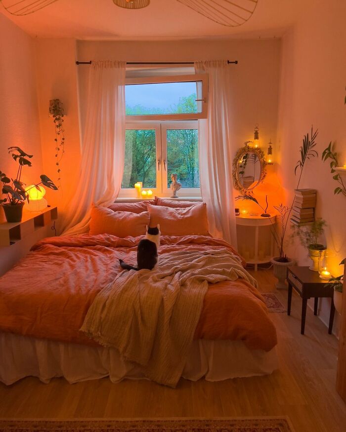 Cozy bedroom interior design with warm lighting and decorative plants