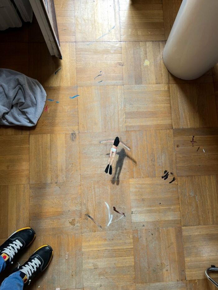 Wooden parquet floor with paint marks viewed from above interior design ideas