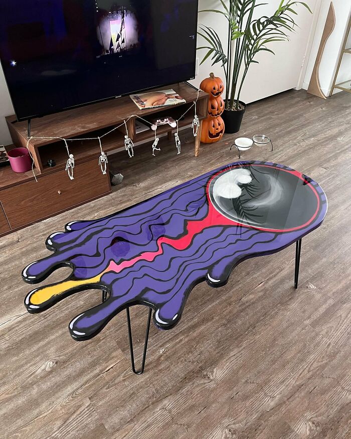 Colorful custom coffee table with unique interior design in living room