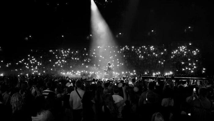Concert crowd illuminated by phone lights and spotlight on singer
