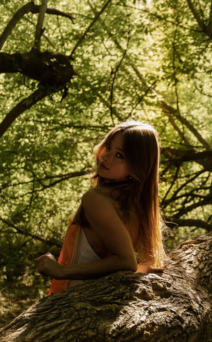 Aesthetic portrait of woman posing on tree trunk surrounded by green forest light