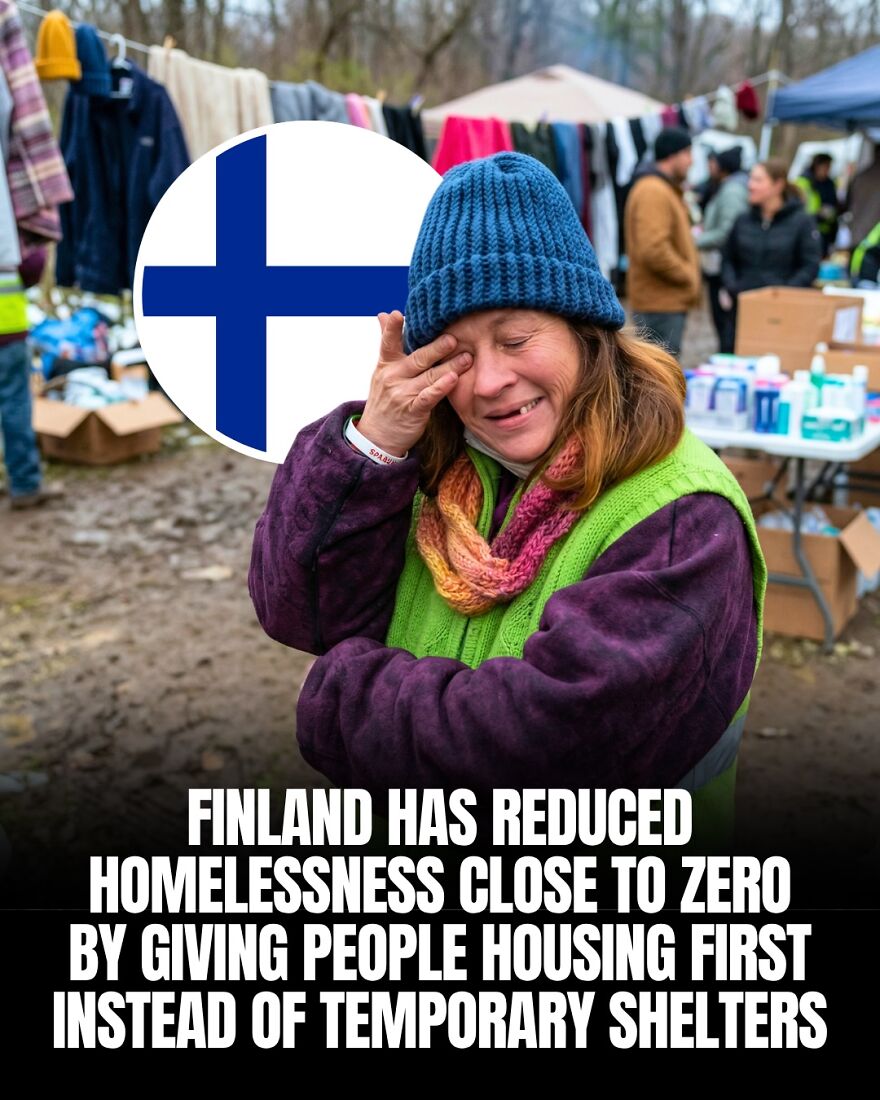 A crying woman with a Finnish flag, symbolizing Finland's success in reducing homelessness for humanity and our planet.