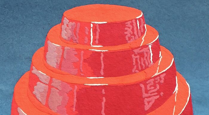 Abstract red layered cake against blue background for 70s and 80s songs quiz Abstract red layered cake against blue background for 70s and 80s songs quiz