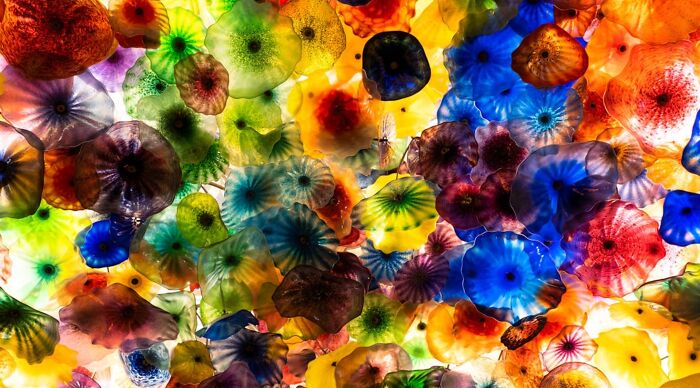 Colorful glass flowers ceiling art showcasing vibrant colors for visual color challenge