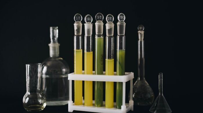 A set of lab science test tubes containing yellow and green liquids, used for science questions to challenge your mind. A set of lab science test tubes containing yellow and green liquids, used for science questions to challenge your mind.