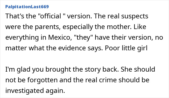 Comment accusing parents in 4-year-old girl disappearance case and calling for reinvestigation