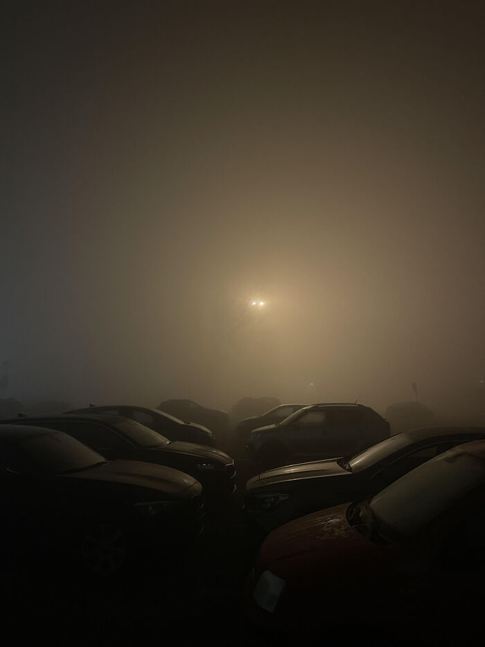 A dark, unsettling liminal space parking lot shrouded in thick fog with a distant light source.
