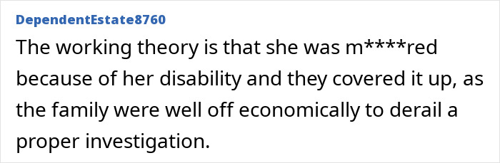 Text discussing theory about disabled girl's d***h and family cover-up in missing child case