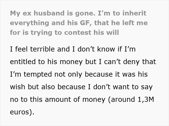 Screenshot of text about an inheritance, an apology, and an ex-husband's GF contesting a will.