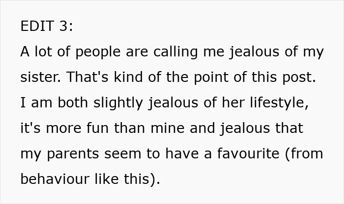 Text confirming the 28YO's jealousy of her sister's trip and lifestyle, feeling her frugal life is disrespected. Text confirming the 28YO's jealousy of her sister's trip and lifestyle, feeling her frugal life is disrespected.
