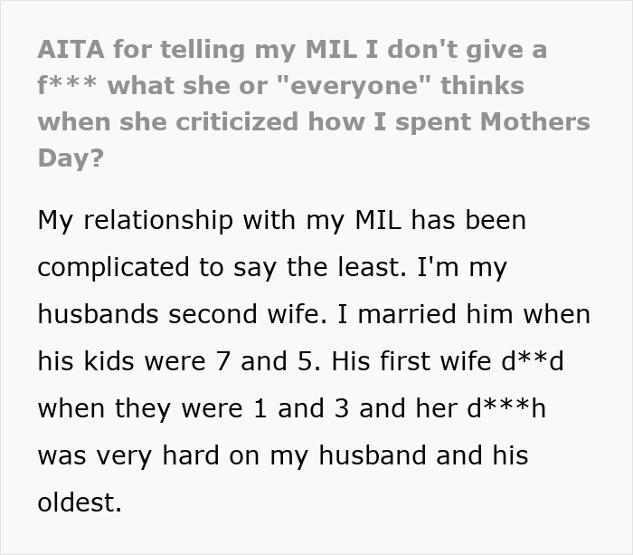 Text post about criticism on Mother's Day by MIL to son's second wife