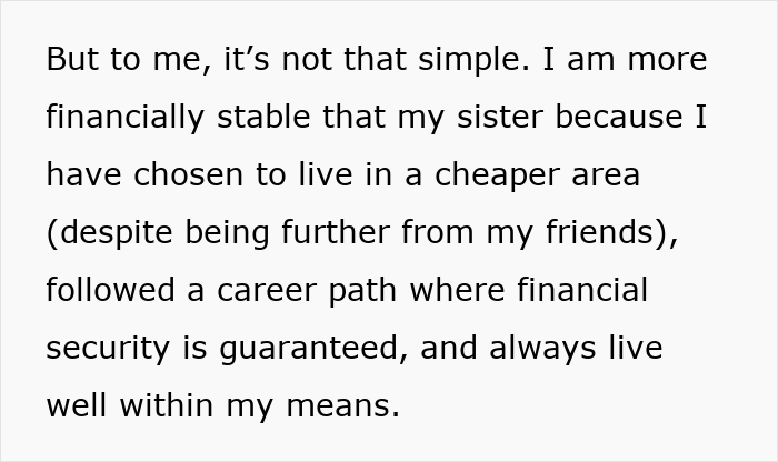 Screenshot illustrating the daughter's perspective on parents sponsoring sister's trip, and her frugal life being disrespected. Screenshot illustrating the daughter's perspective on parents sponsoring sister's trip, and her frugal life being disrespected.