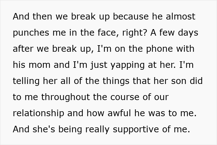 Woman breaks up after a***e, discusses boyfriend's behavior with his supportive mom Woman breaks up after a***e, discusses boyfriend's behavior with his supportive mom
