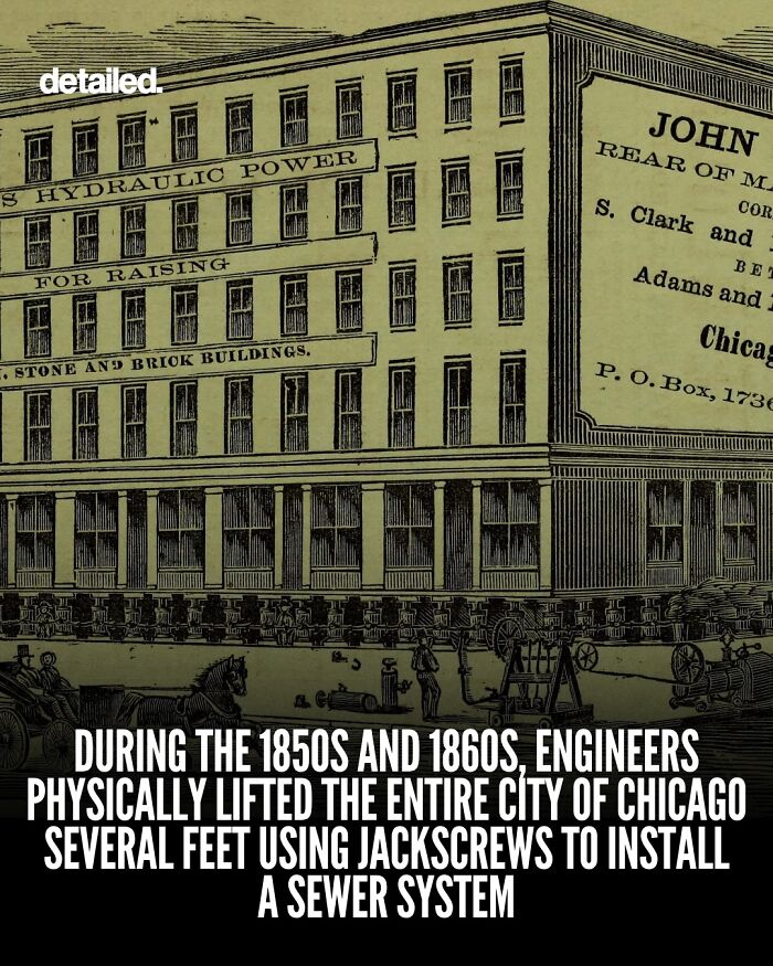 1850s Chicago city lifted with jackscrews to install sewer system