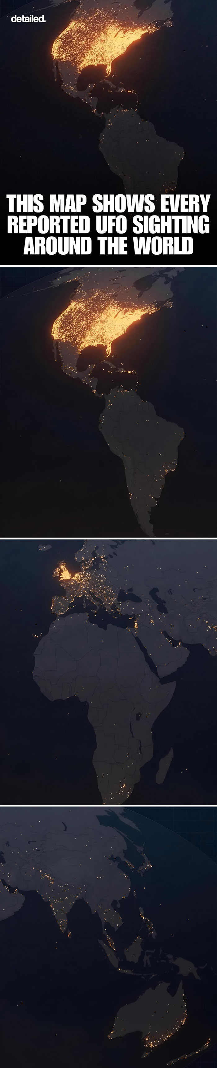 Global map showing every reported UFO sighting illuminated at night