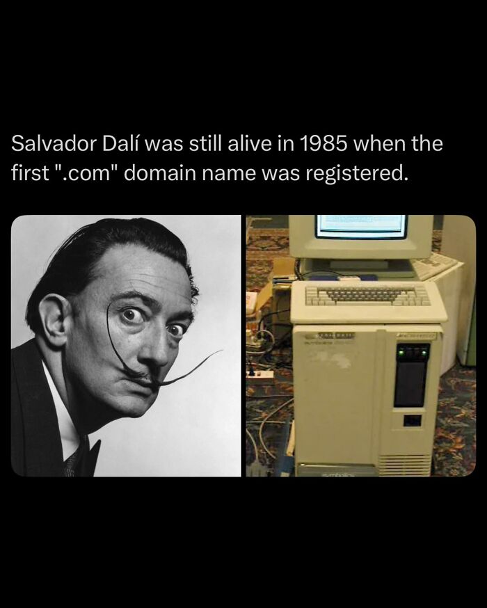 Black and white portrait of Salvador Dalí and an old computer representing early .com domain registration