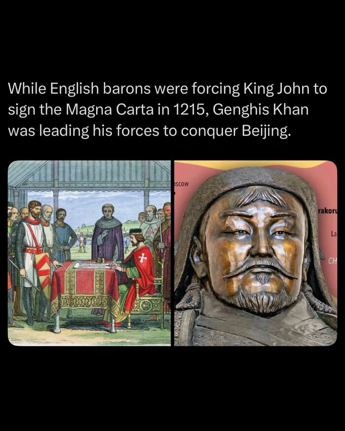 Medieval scene of Magna Carta signing next to Genghis Khan statue depicting historical events