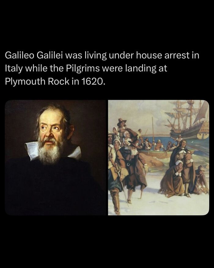 Portrait of Galileo Galilei beside Plymouth Rock Pilgrims landing painting