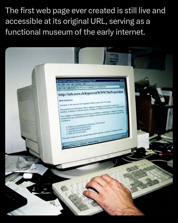 Old computer displaying the first web page ever created on screen