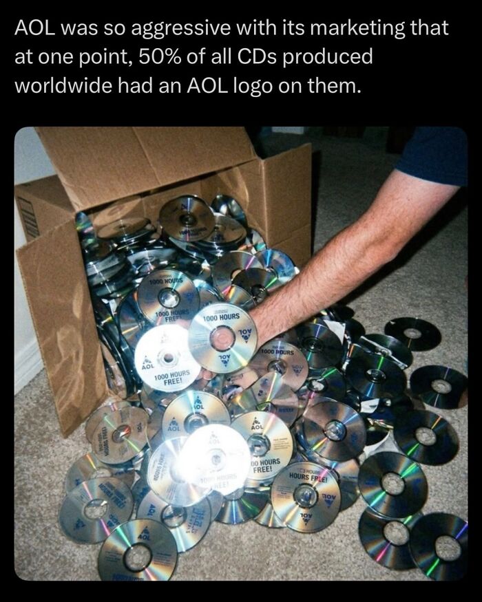 Pile of AOL marketing CDs scattered from a cardboard box representing AOL aggressive marketing