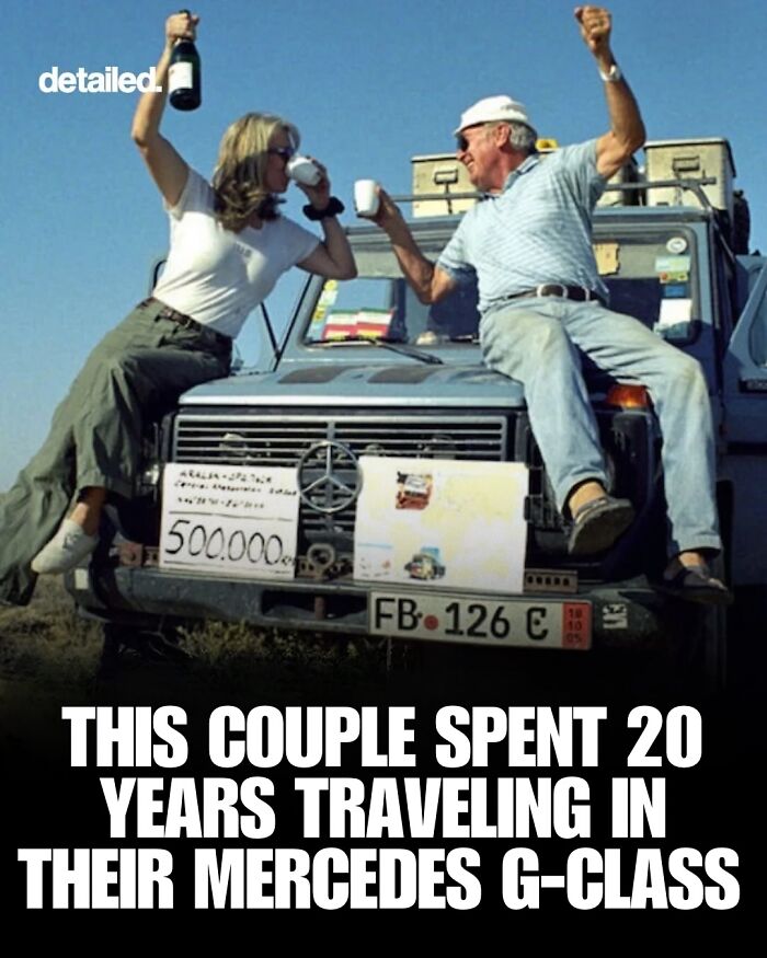 Couple celebrating their 20 years traveling adventure in Mercedes G-Class