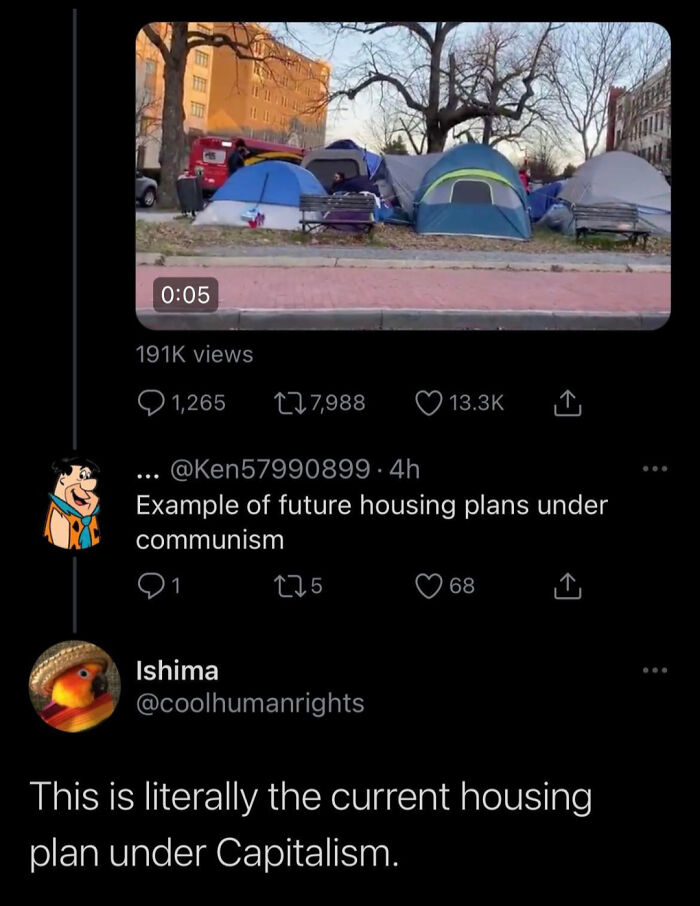 Homeless tents labeled as future housing plans under communism in capitalism critique