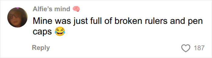 Alfie's mind comment about a boy's plaster cast filled with broken rulers and pen caps, a hidden surprise.