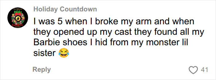Holiday Countdown's comment about a plaster cast revealing Barbie shoes hidden by a 5-year-old boy.